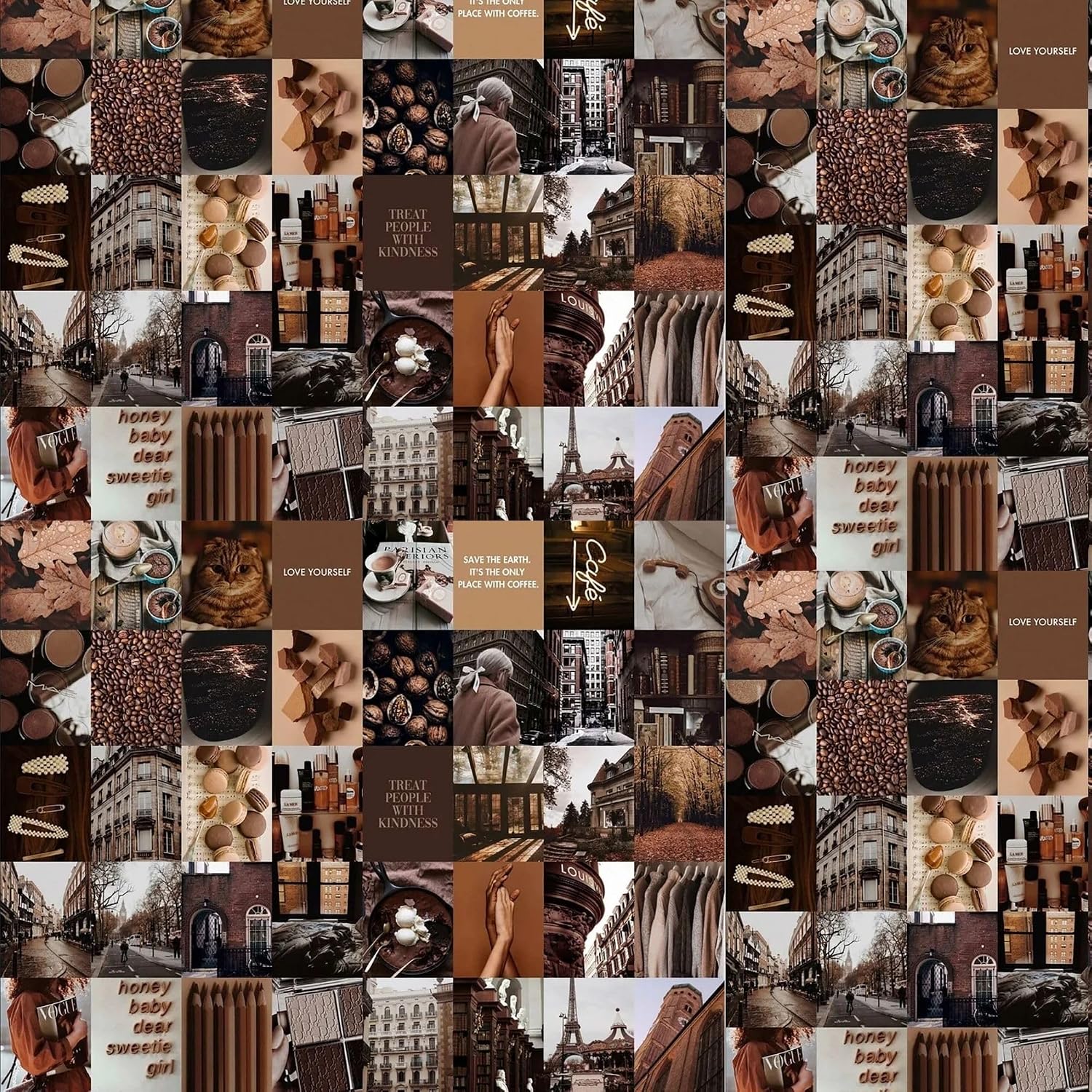 Mocha Duvar Kolaj Seti 40 Parça – Kahverengi Estetik Poster Kartları, Boho Oda Dekor Seti, 15x15 cm, Kutulu Ambalaj
