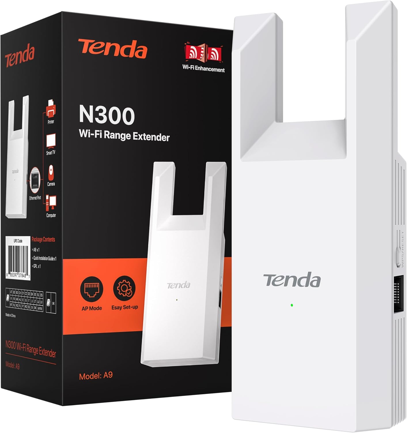 WiFi Genişletici N300, Ethernet Bağlantı Noktalı WiFi Genişletici Sinyal Güçlendirici, 1500 Sq.'ye kadar, Tek Bantlı WiFi Güçlendirici, Tekrarlayıcı Modu ve AP Modu, Kolay Kurulum, Yalnızca
