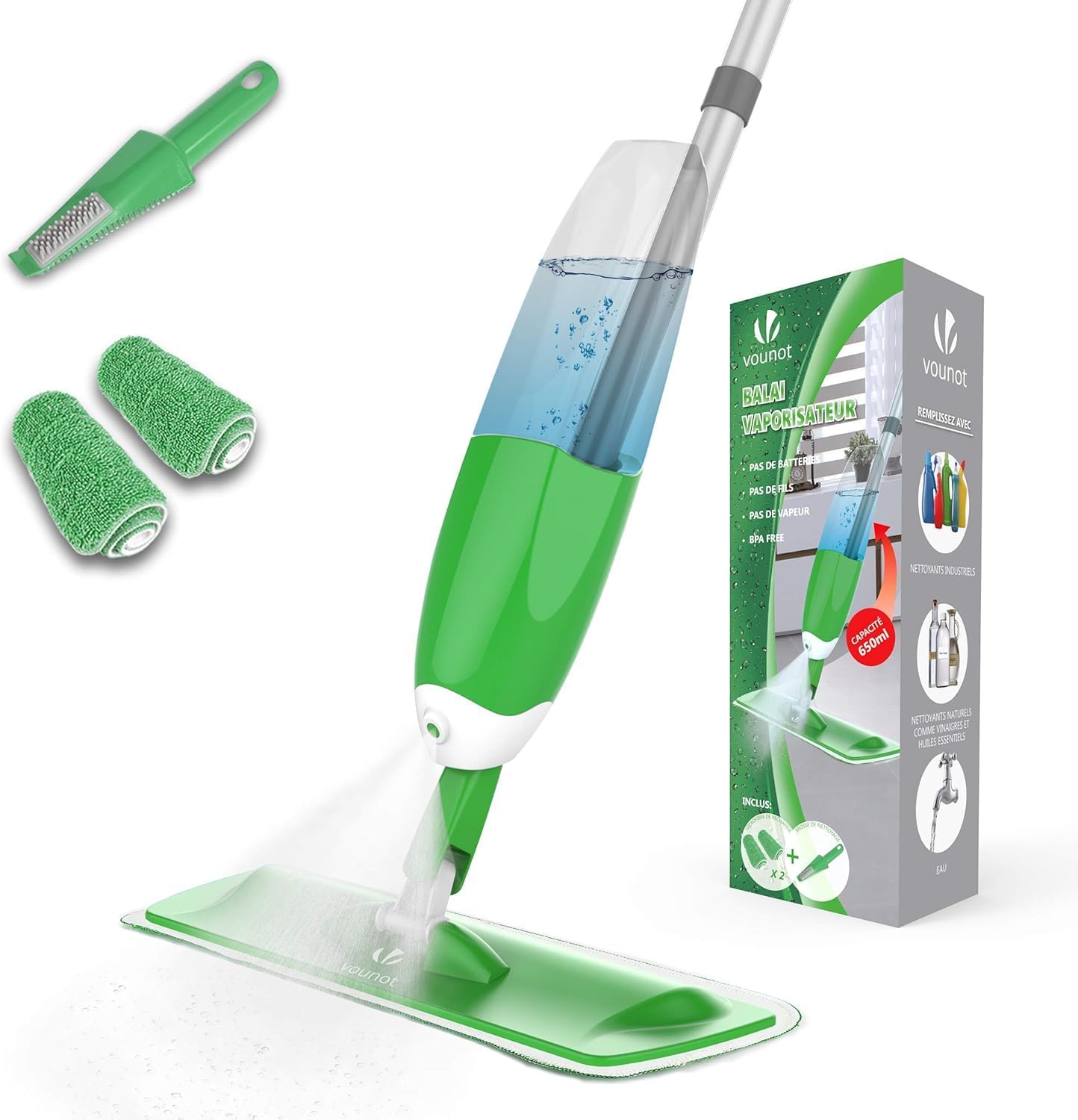 Püskürtme fonksiyonlu silecek, 650 ml su tanklı püskürtmeli silecek, püskürtme başlıklı zemin sileceği, 2 mikrofiber kılıflı püskürtmeli paspas, yeşil