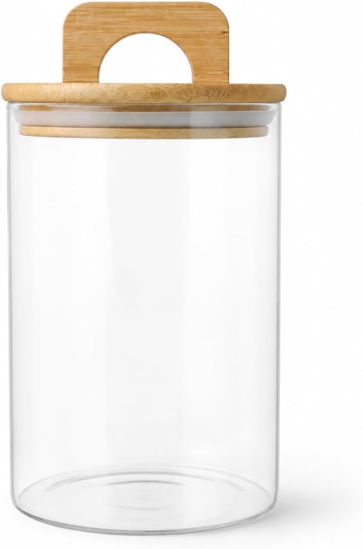 900 ml Bambu Kapaklı Yuvarlak Cam Kavanoz, 10 cm Çap × 15 cm Yükseklik, Contalı Kulplu Şeffaf Erzak ve Kuru Gıda Saklama Kabı, Kahve Çay Şeker Bakliyat İçin