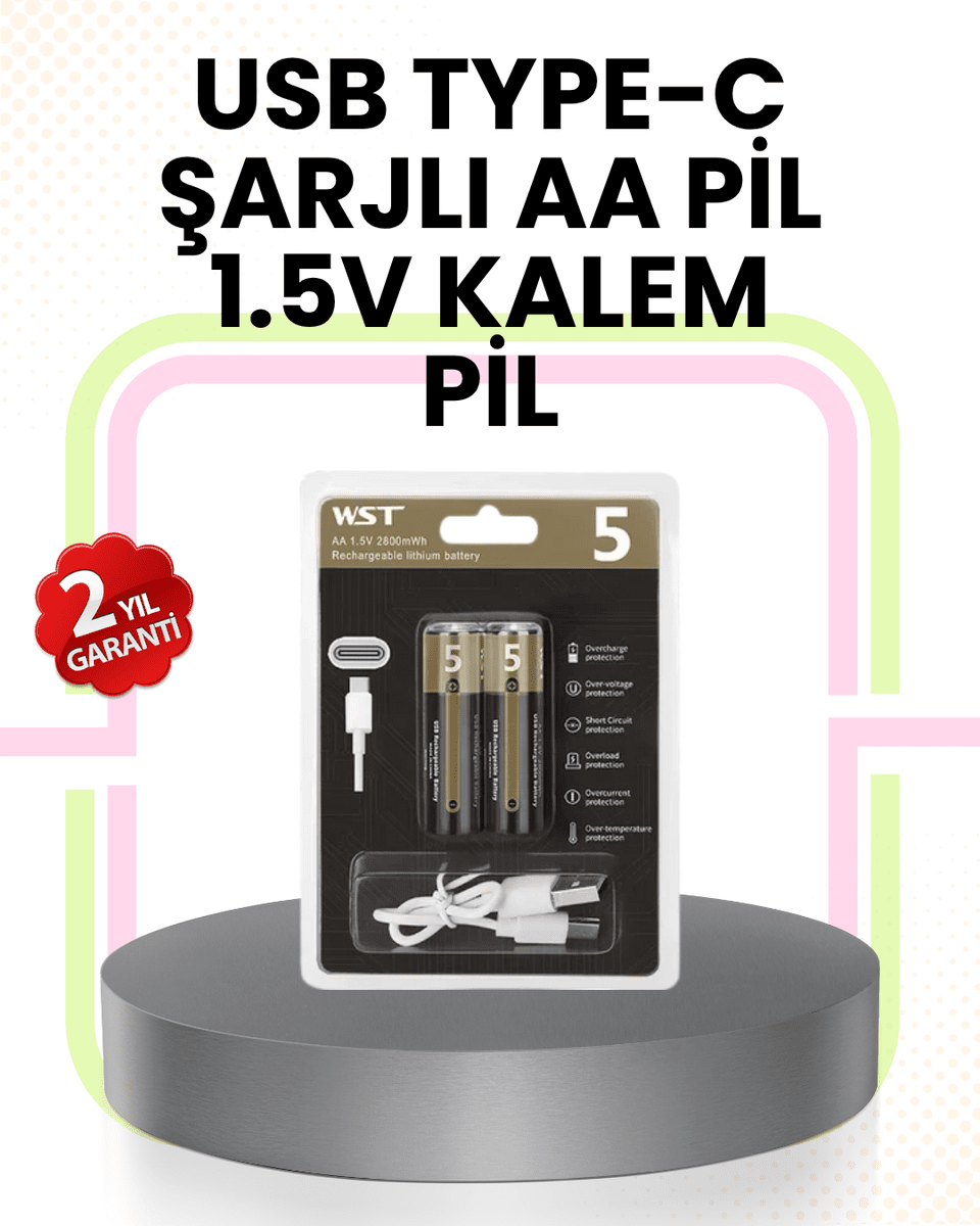 Tekrar Şarj Edilebilir AA USB Type-C Pil | 1000+ Döngü | 1.5V Sabit Voltaj