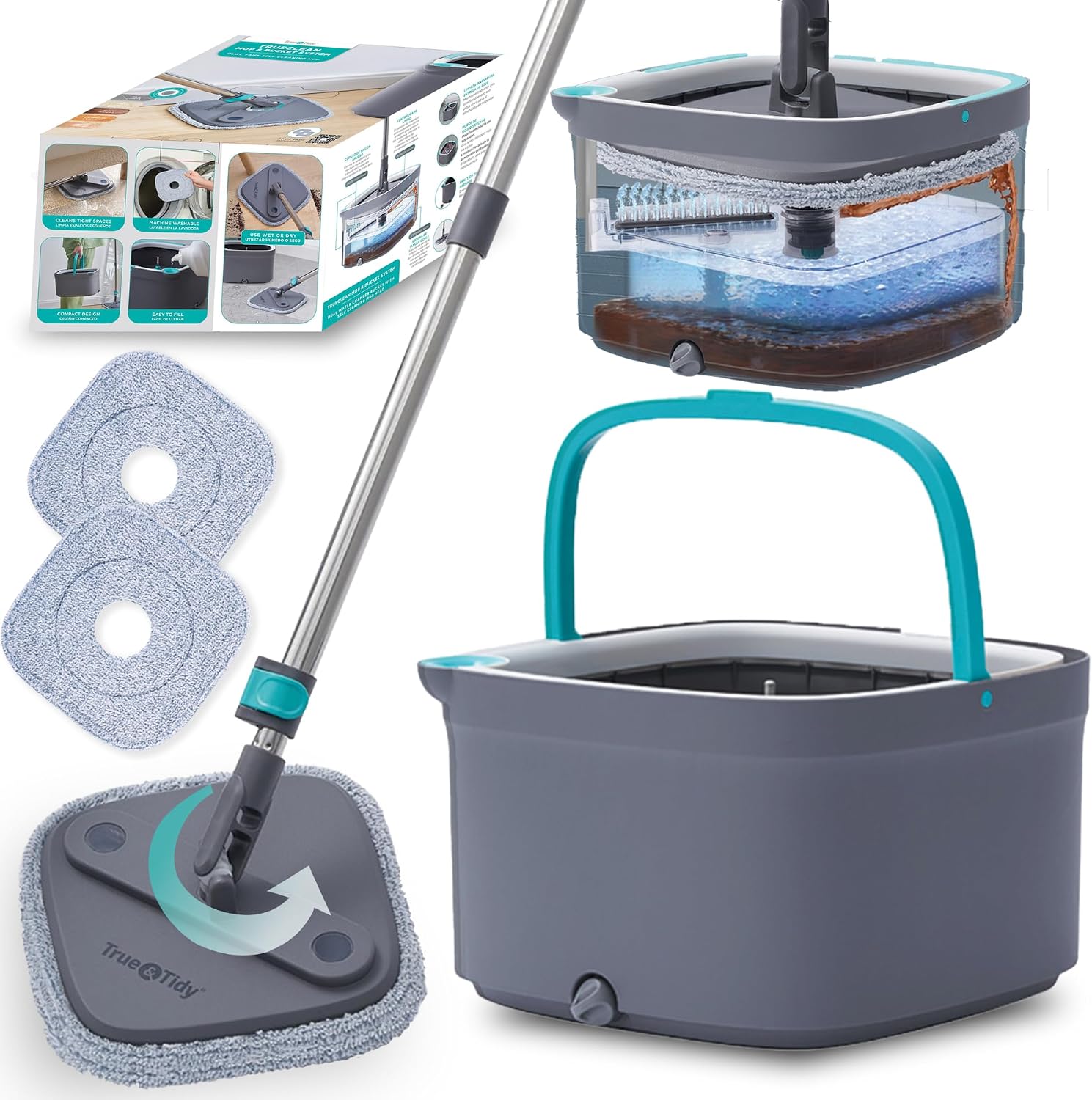 True Clean Paspas ve Kova Sistemi, Kare Döndürmeli Paspas, Çift Bölmeli Paspas Kovası ve 2 Kalın Makinede Yıkanabilir Paspas Pedleri (Spin Mop) içerir