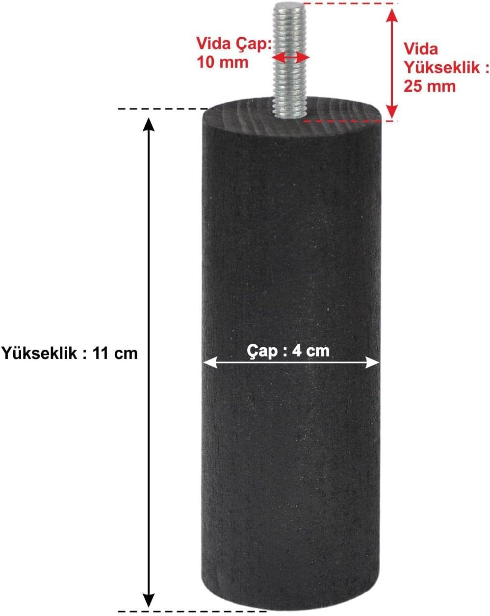Ahşap Mobilya Baza Koltuk Kanepe Ayağı Vida Çapı 10 mm Siyah