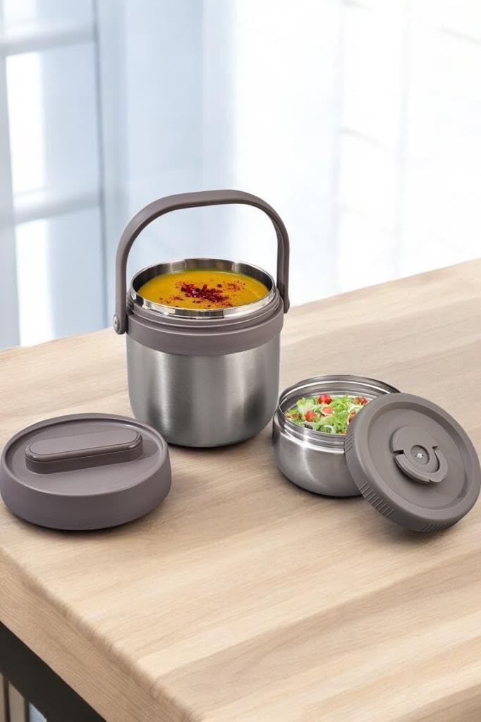 Bento Taşınabilir Paslanmaz Çelik Yemek Kabı Termosu Lunch Box Yuvarlak 1400Ml