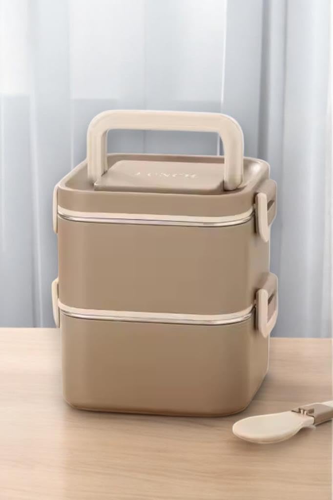 Bento 2 Katlı Taşınabilir Paslanmaz Çelik Yemek Kabı Termosu Lunch Box Kare Haki 1400Ml