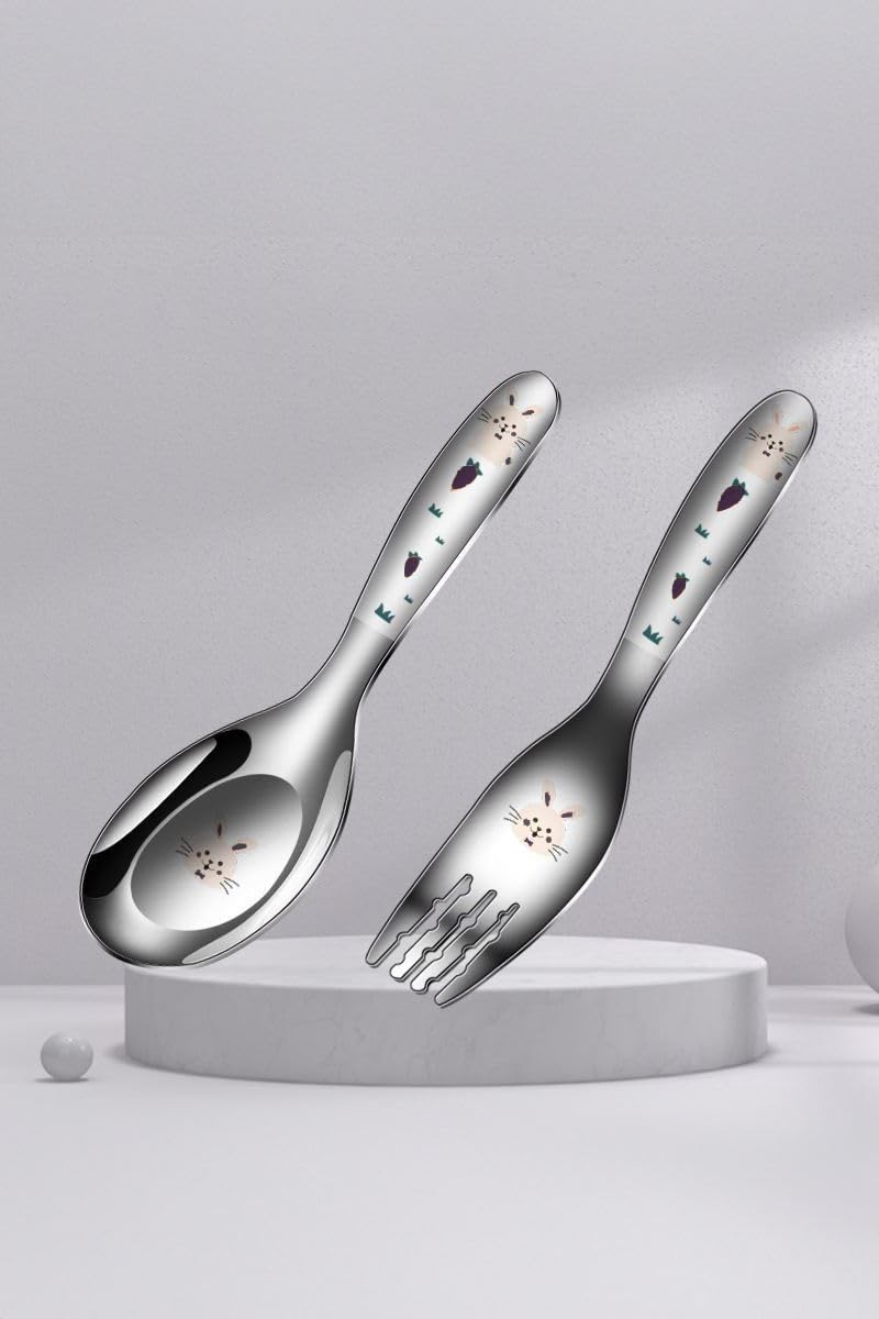 Komple 316 Çelik Tavşan Baskılı Bebek Çocuk Kaşık ve Çatal Set cin616