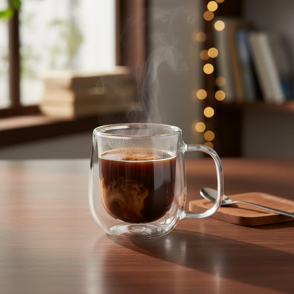 Çift Cidarlı (Double Wall) Kulplu Cam Kupa - 250 ml Isıya Dayanıklı Borosilikat Çay ve Kahve Kupası - El Yakmayan Modern Tasarım Mug