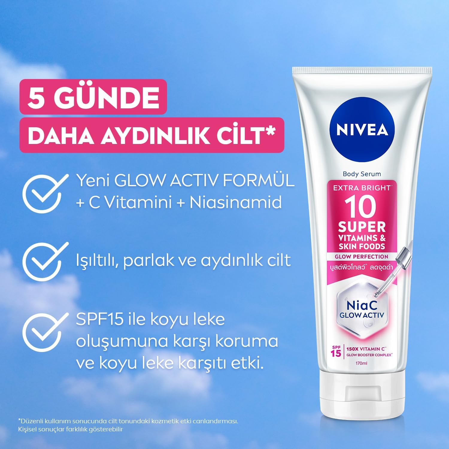 Super10 Serum Etkili Vücut Losyonu SPF15 170 ml, Aydınlatıcı, Nemlendirici, C Vitamini, Niasinamid