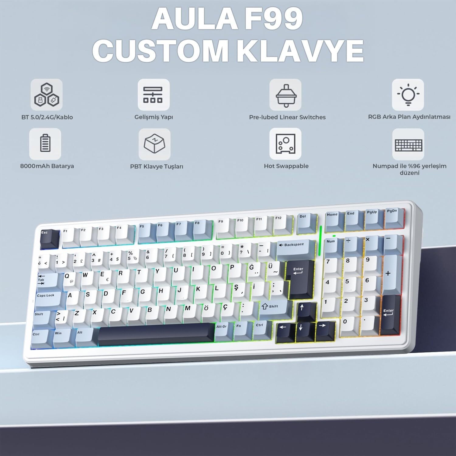 F99 Mekanik RGB GrayWood V4 Switch 3 Modlu Kablosuz Makrolu Hot Swap Türkçe Q Klavye Lacivert