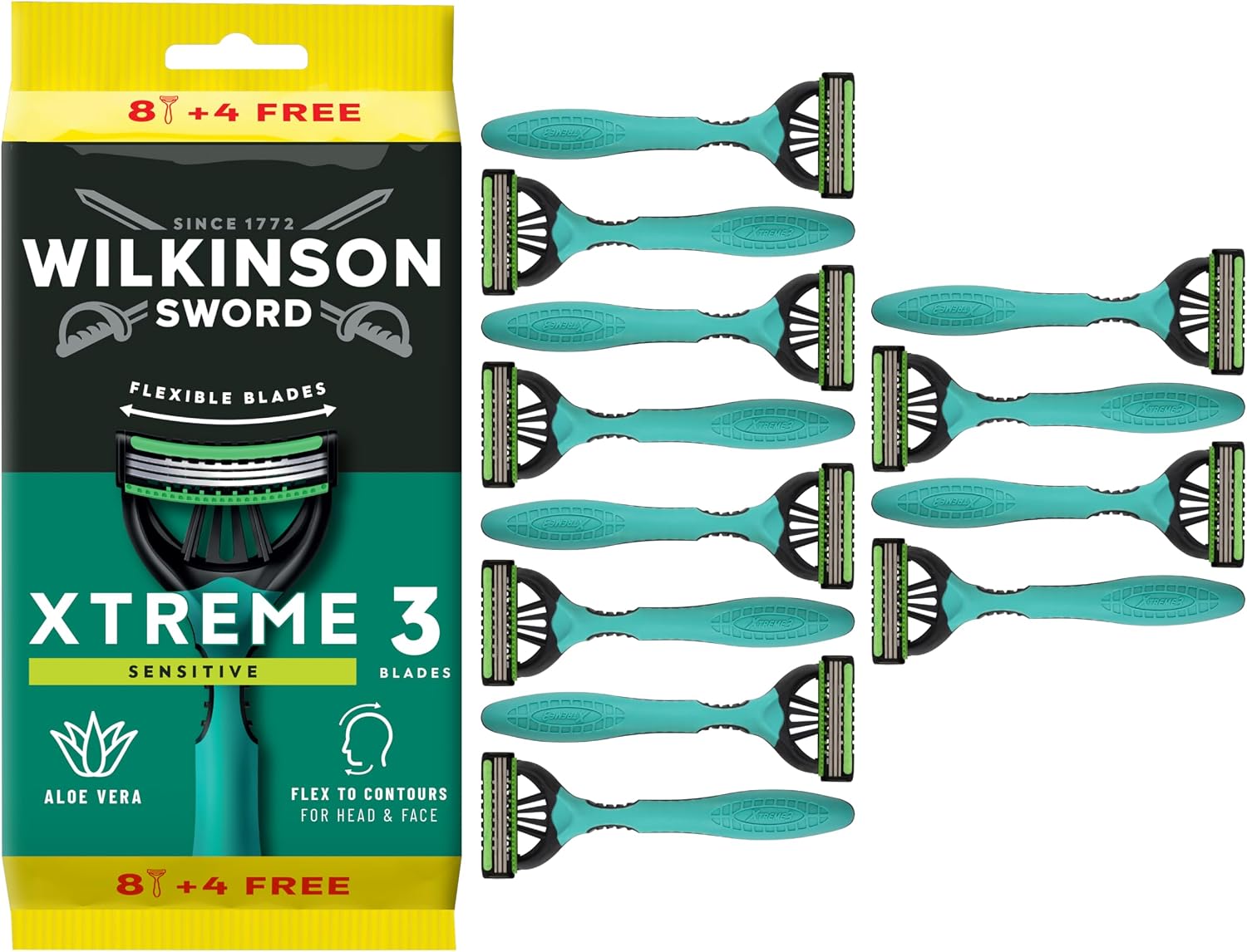 Xtreme 3 Sensitive, 8 + 4 adet tek kullanımlık tıraş makinesi, E vitamini ve aloe vera yağlama bandı, yüz bakımı ve yumuşaklığı için en uygun