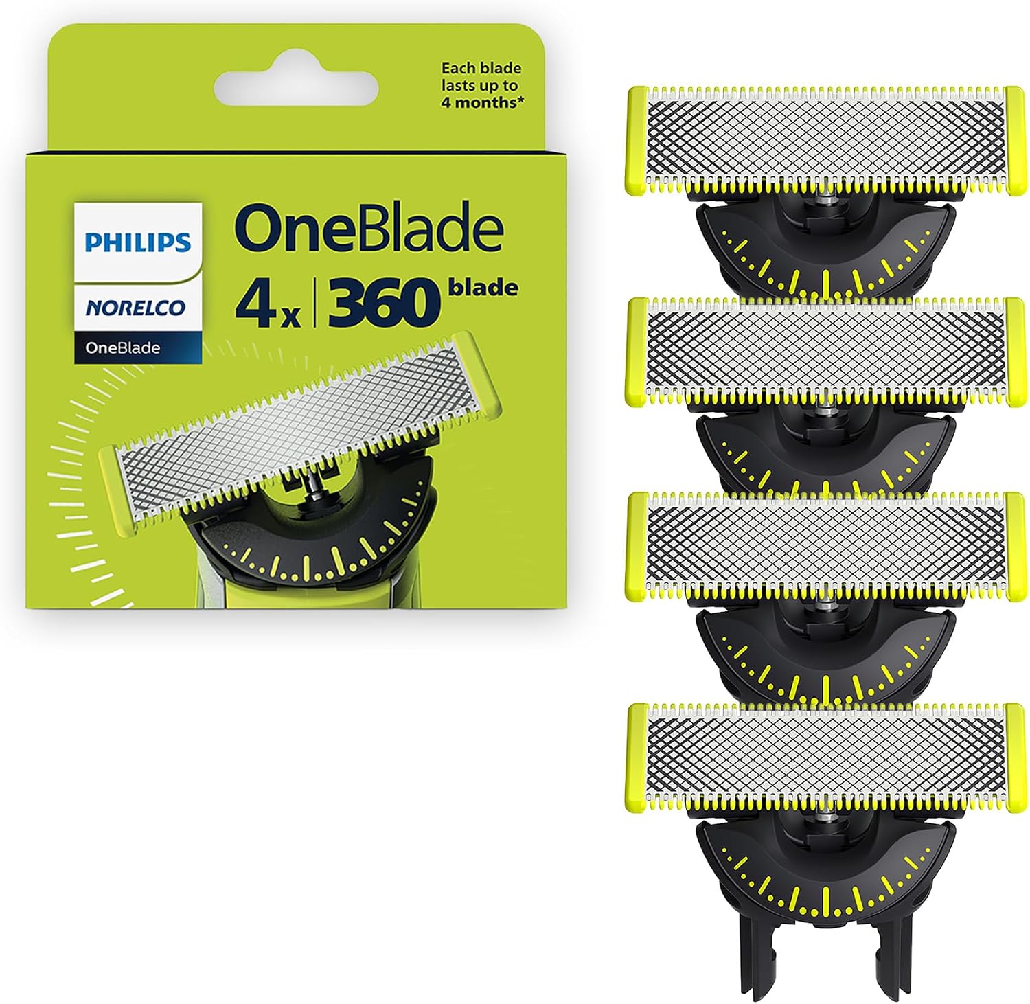 Philips OneBlade 360 Bıçaklar, OneBlade Elektrikli Tıraş Makinesi ve Düzeltici için Orijinal Yedek Bıçaklar, 4'lü Paket, QP440/80