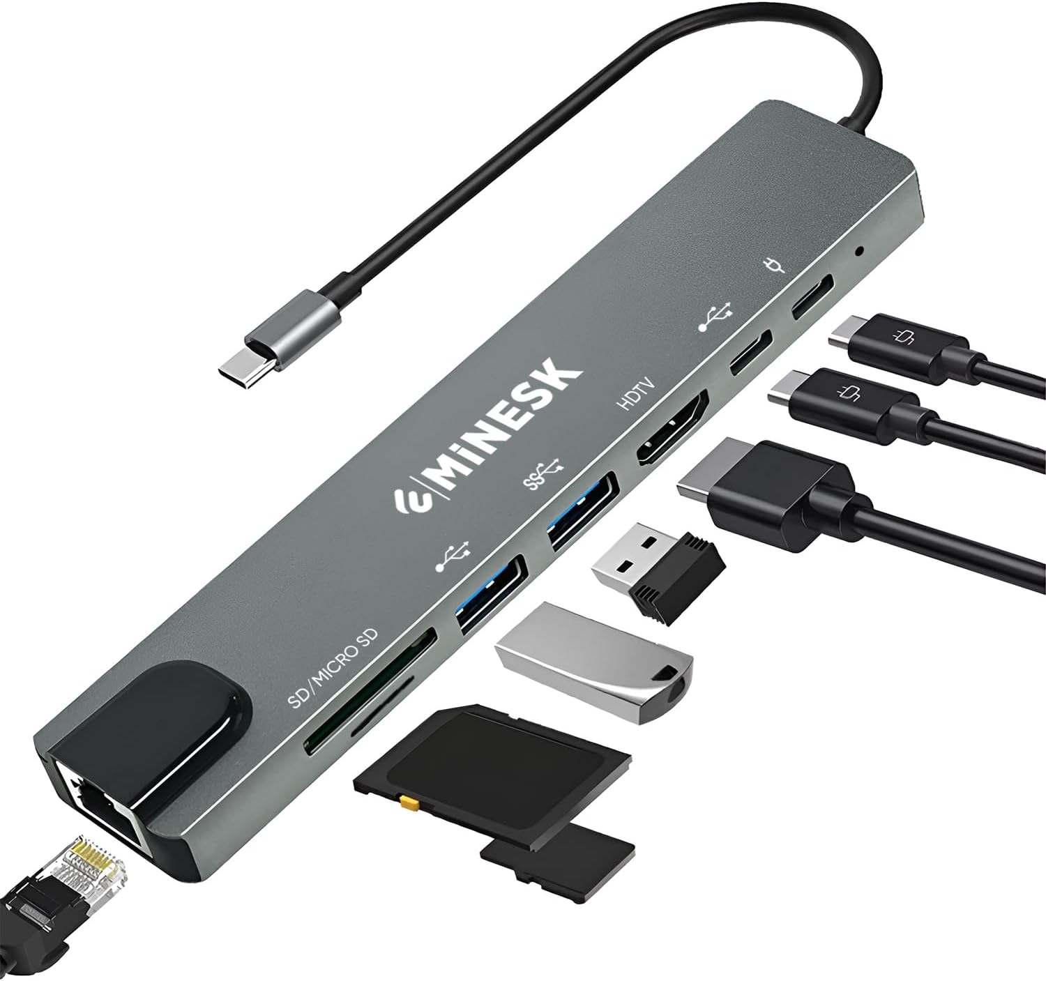 USB-C Hub Laptop ve Macbook ile Uyumlu USB Çoklayıcı / 1x HDMI / 1x Ethernet / 2x USB 3.0 / 1x SD Card / 1x Micro SD Card / 2x USB -C/Çevirici Adaptör (8-in 1 Multi Hub)