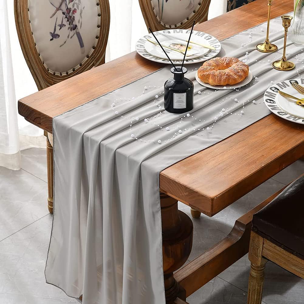 Masa örtüsü, 72cm x 304cm açık gri düğün masa örtüsü, şifon kumaş, rustik şeffaf masa dekoru, romantik nişan, bebek partisi ve doğum günü masaları için