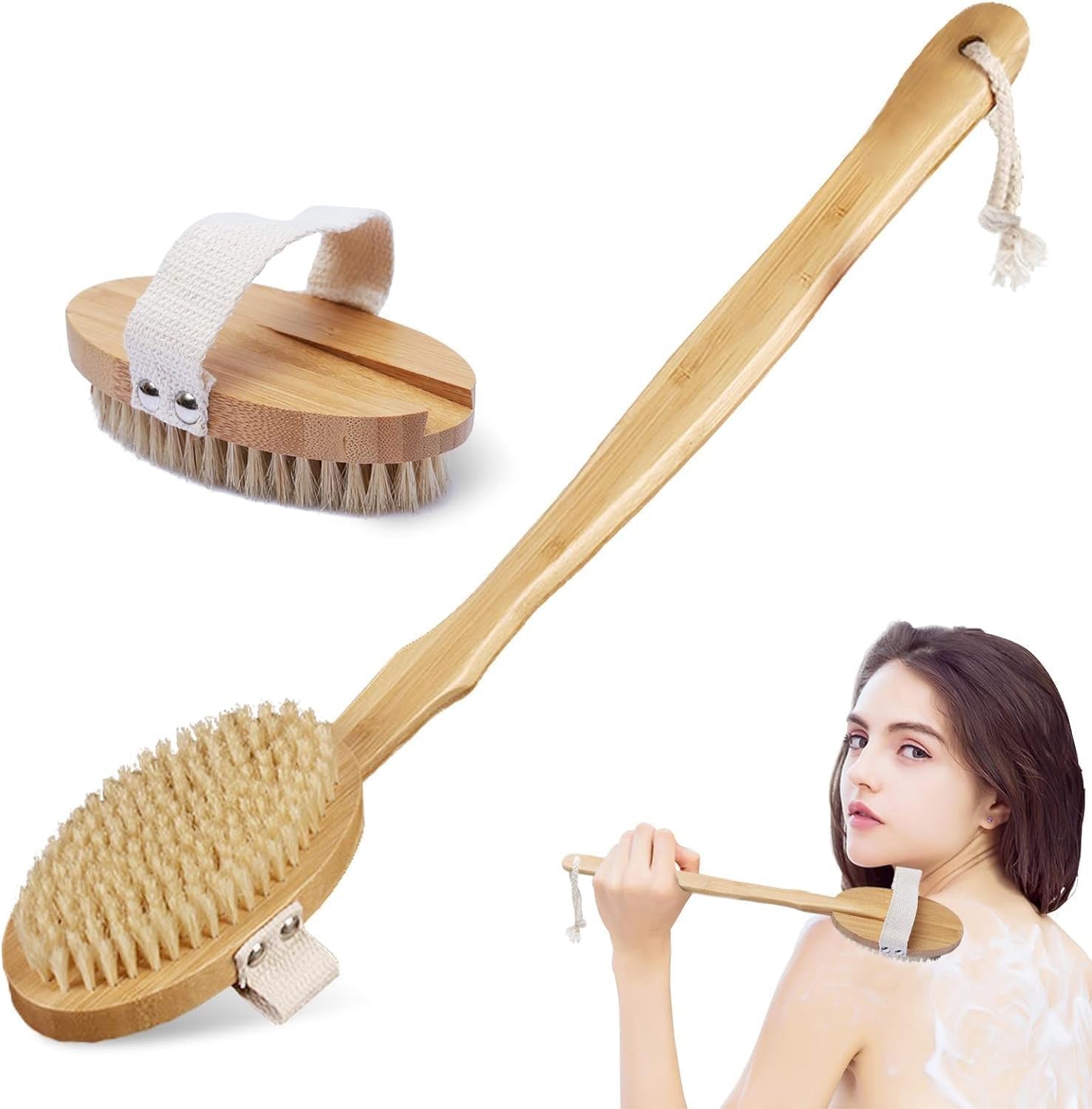 Ahşap Sırt Fırçası – Uzun Saplı Doğal Kıllı Banyo ve Duş Fırçası, Çıkarılabilir El Fırçası, Kuru Fırçalama ve Vücut Bakımı İçin