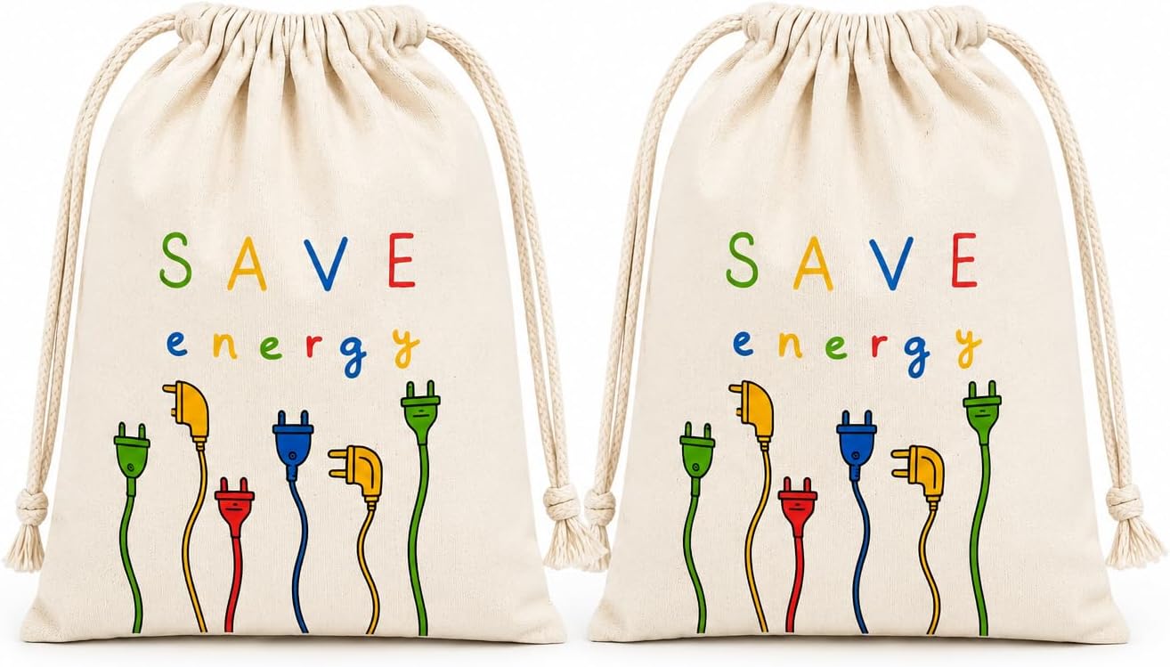 Save Energy Baskılı Bez Kese 15x20 cm 2'li Set - İpli Pamuklu Çok Amaçlı Saklama Kesesi, Kablo Düzenleyici, Hediye Kesesi