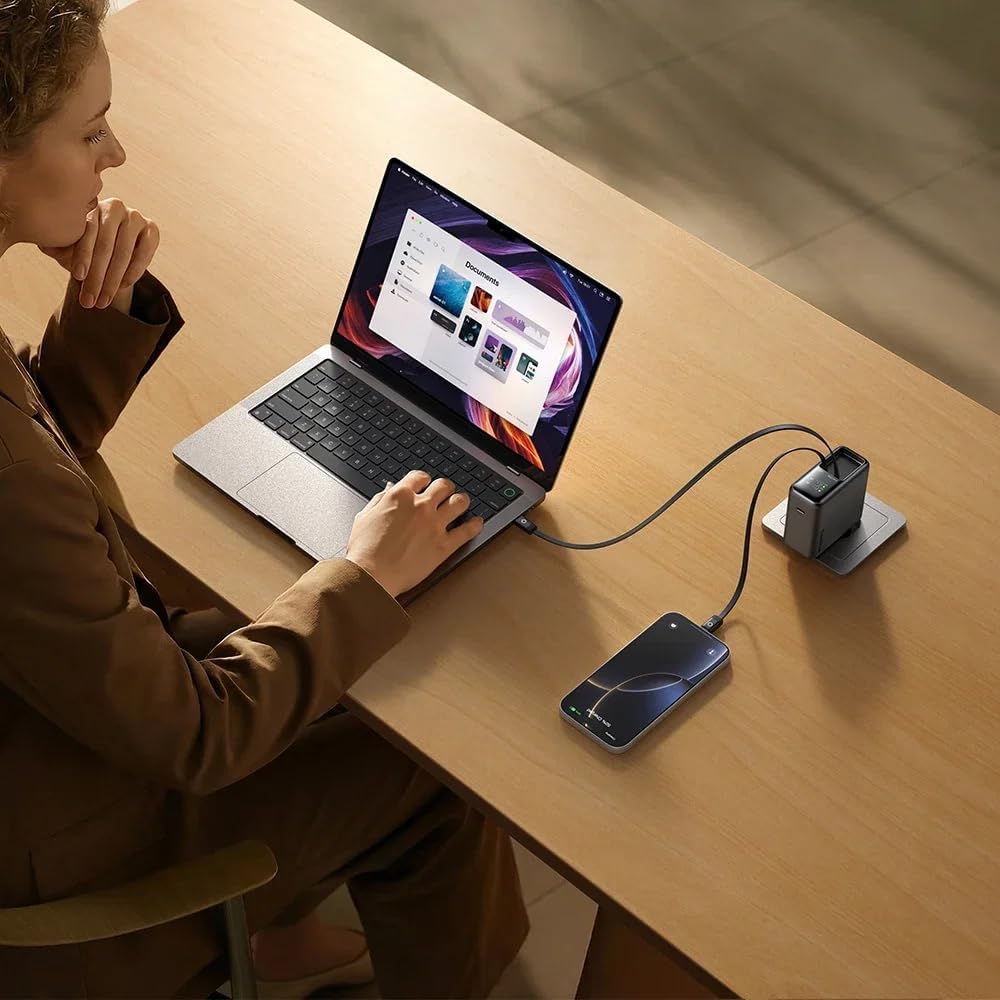CH-8640 FreeGo Pro 67W GaN USB-C Şarj Adaptörü, Akıllı LED Güç Ekranı, 2 x 80 cm Geri Çekilebilir Ledli USB-C Kablo ve Ek USB-C Port, Siyah
