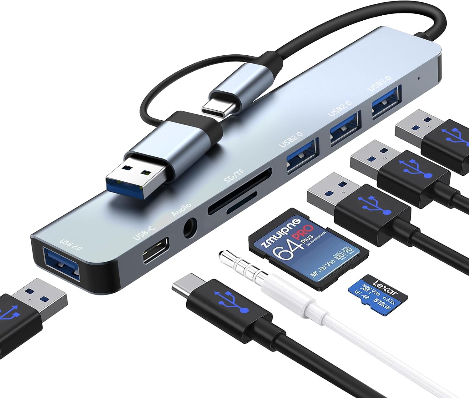 USB C Hub, 8'i 1 arada USB Hub 3.0 Çok Portlu Adaptör, USB 3.0 Bağlantı Noktaları, SD/TF Kart Okuyucu, USB-C ve 3 x USB 2.0 Veri Bağlantı Noktaları, 3,5 mm Ses Bağlantı Noktaları, MacBook Air