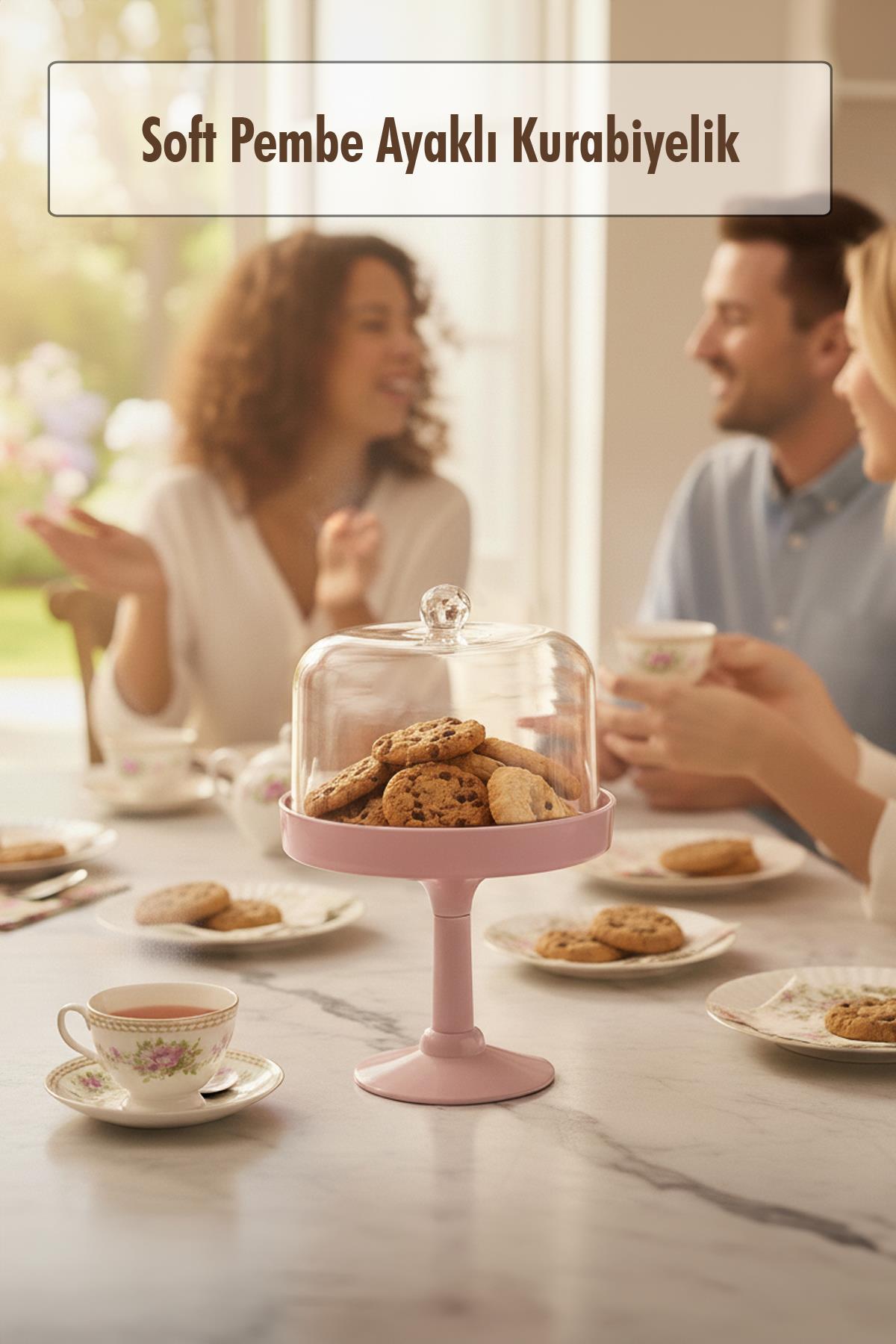 Soft Pembe Akrilik Ayaklı Kurabiyelik & Kapaklı Sunum Standı - 2 Parça
