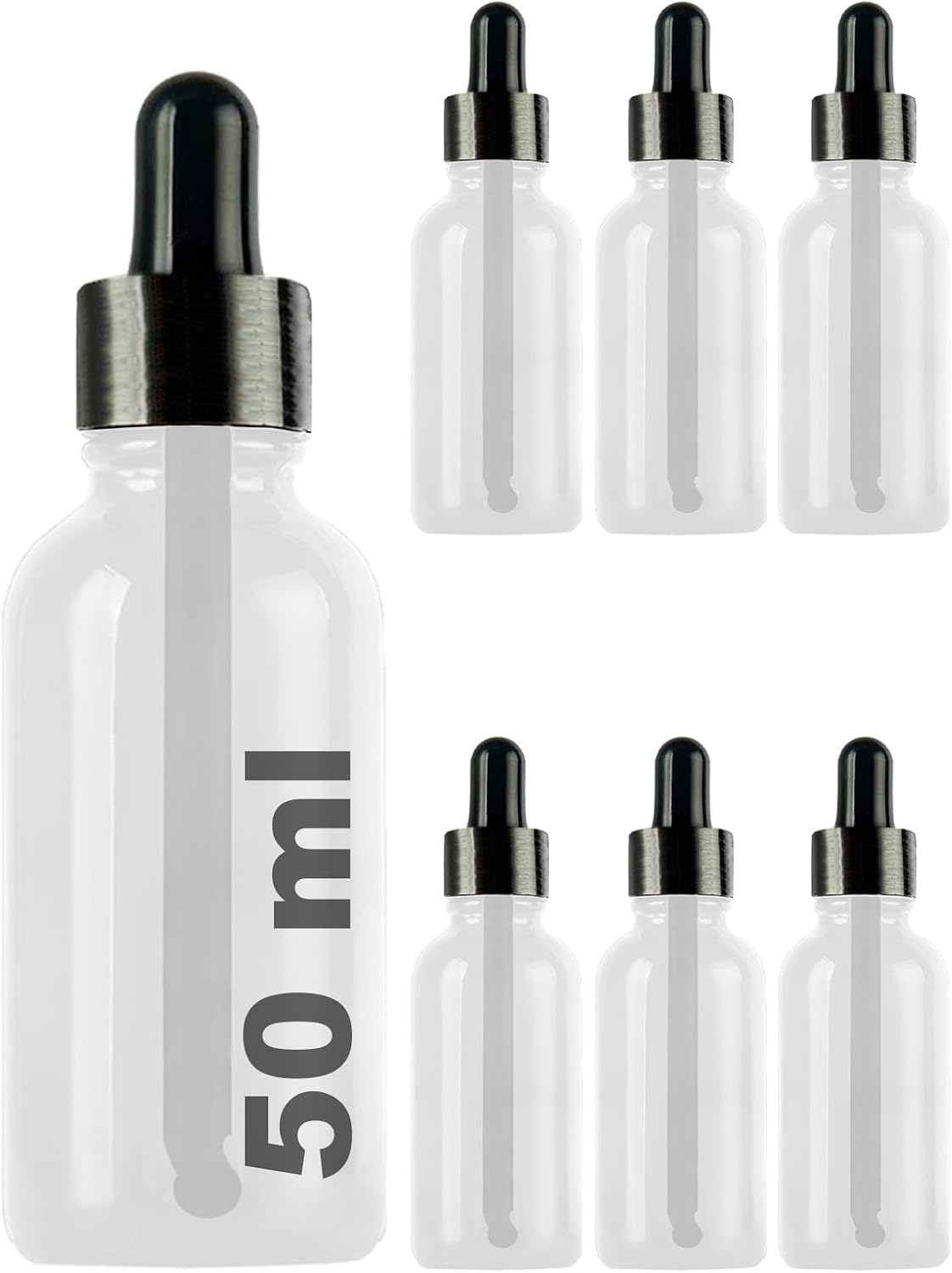 50 ml Metal Kapaklı Damlalık Dropper Şişesi Serum 50 cc Cam Şişe 6 Adet (Siyah Kapak, Şeffaf)