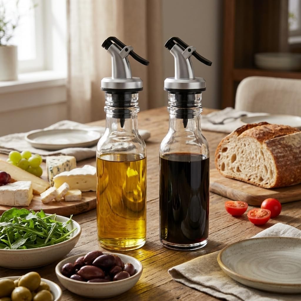 2’li Cam Yağlık Sirkelik Seti, 300 ml x 2, Akış Kontrollü Kapaklı Zeytinyağı ve Sirke Şişesi, Salata Sosu ve Sıvı Baharat Sunum Seti, Şeffaf