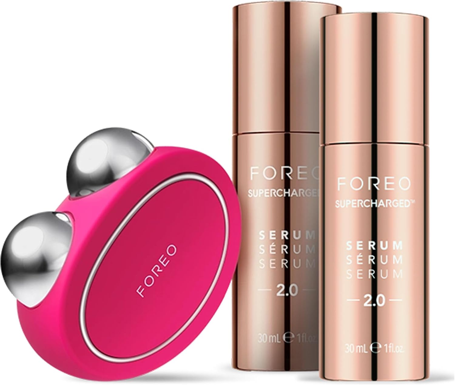 Bear Forever Firm set halinde – Bear yüz masaj aleti mikro akım + 2 x iletken serum 30 ml – yaşlanma karşıtı cihaz – yüz kaldırma – fuşya