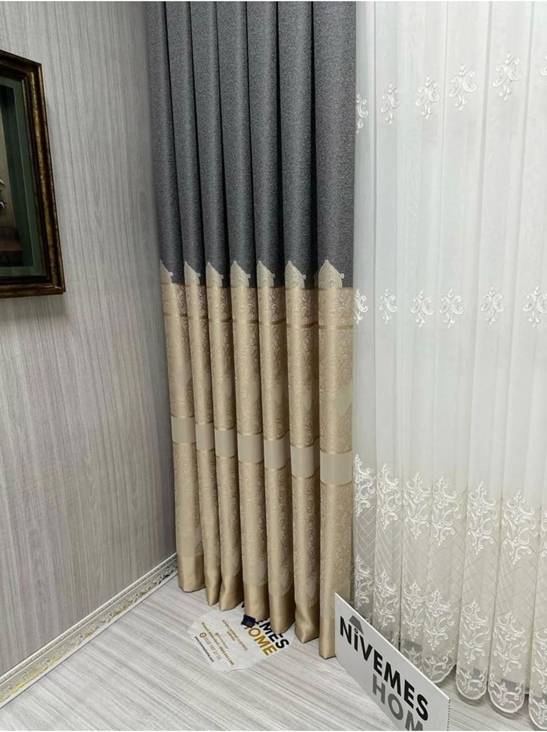 Gönen Koyu Gri-krem 671539 1/3 Sık Pileli Fon Perde Apm