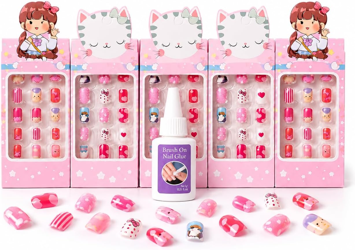 5’li Çocuk Takma Tırnak Seti, Renkli ve Desenli Kız Çocuk Takma Tırnakları, Sevimli Tasarımlı Nail Art Seti, Çocuklar İçin Eğlenceli Tırnak Aksesuarı, Kolay Yapışan, Tekrar Kullanılabilir Set