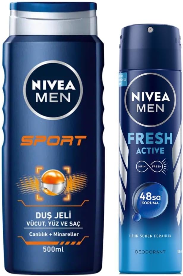 Men Erkek Sprey Deodorant Fresh Active 48 Saat Deodorant Koruması 150ml ve Men Sports Duş Jeli 3ü 1 Arada Kullanım,Vücut, Yüz ve Saç, 24 Saat Ferahlık 500 ml