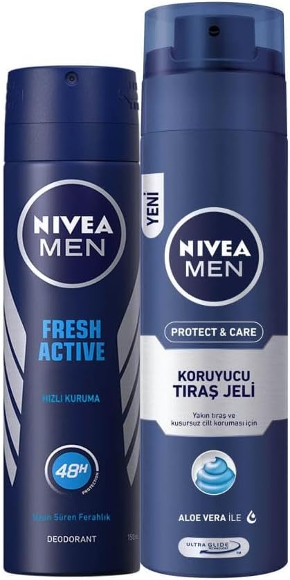 Men Erkek Sprey Deodorant Fresh Active 48 Saat Deodorant Koruması 150ml ve Men Protect&Care Tıraş Jeli 200ml, Kuru Ciltler İçin, Pürüzsüz Tıraş