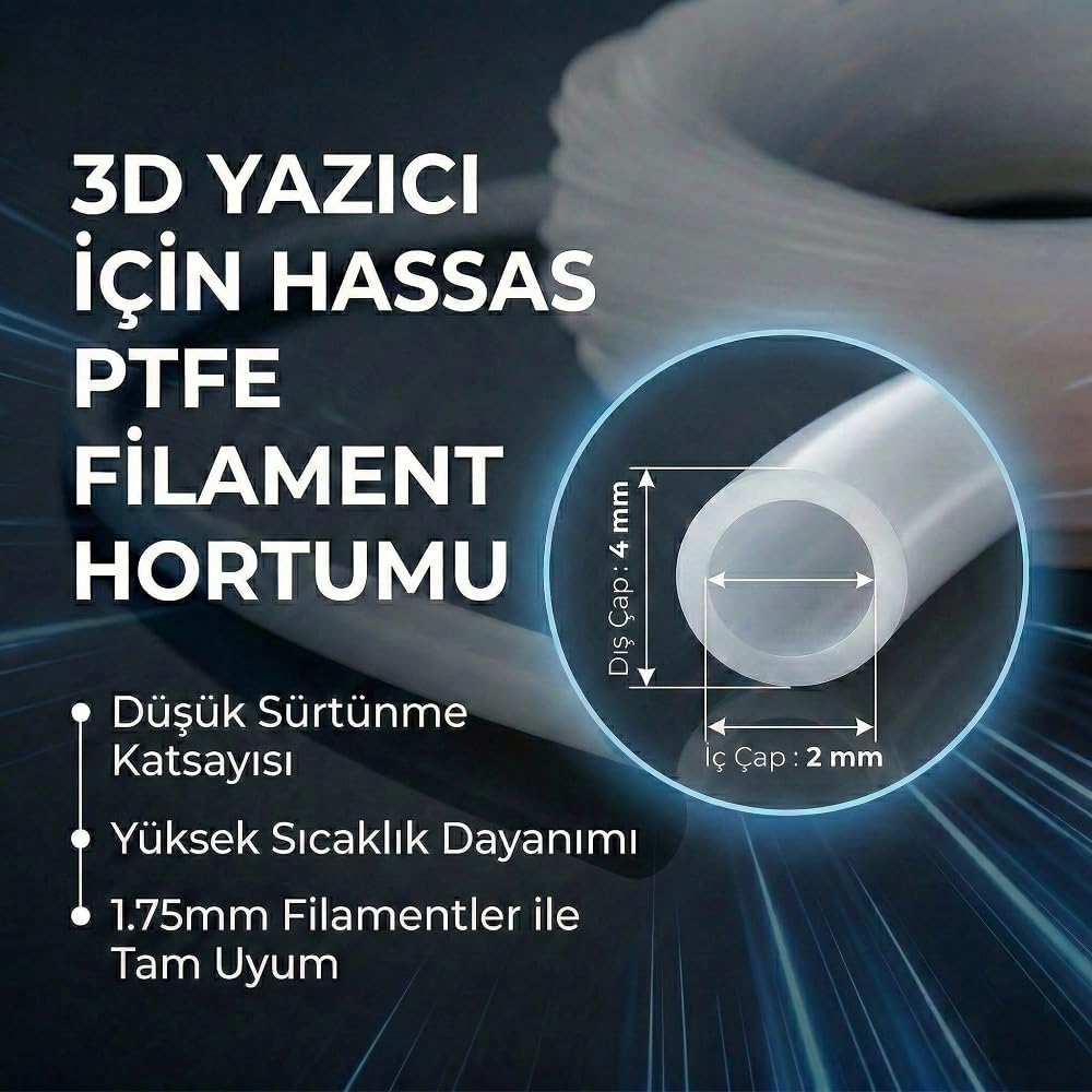 3D Yazıcı İçin Hassas Dyzer PTFE Filament Kılavuz Hortumu (1.75mm Filament uyumlu) 2 metre