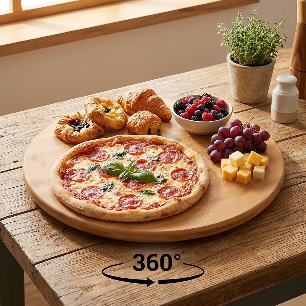 35 cm Dönerli Bambu Yuvarlak Sunum Tepsisi, 360 Derece Dönebilen Pizza ve Kahvaltı Sunum Tepsisi, Pizza Servis, Börek Servis, Peynir ve Atıştırmalık Sunumu İçin Bambu Döner Tepsi (3535DNR)