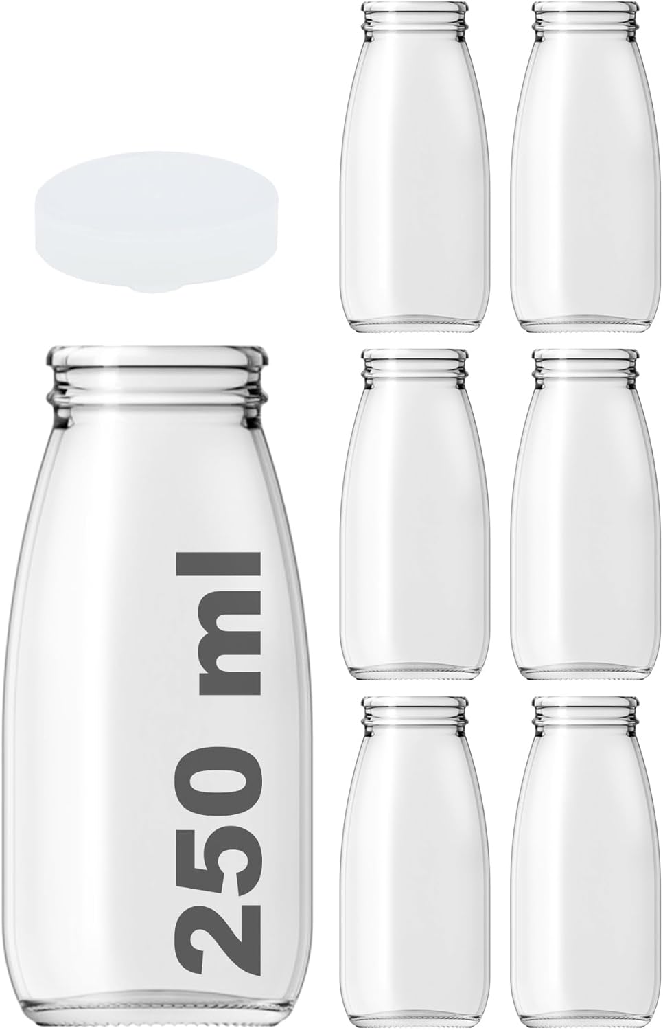 250 ml Şeffaf Süt, Ayran, Limonata, Meşrubat Şişesi 250 Cc Plastik Kapaklı Boş Cam Şişe 6 Adet