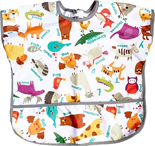 1-3 Yaş Su Geçirmez Cırtlı Cepli Unisex Yarım Kollu Bebek Çocuk Mama Önlüğü Zoo