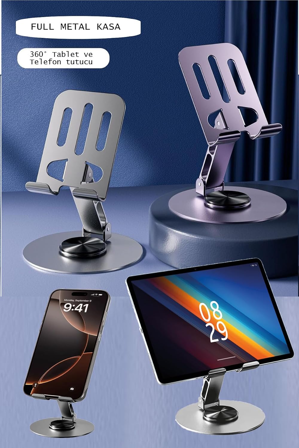 Premium Full Metal Masaüstü Tablet ve Telefon Standı - 360° Mekanik Döner Tabanlı Katlanabilir Telefon Tutucu, Tüm Tabletlerle Uyumlu Ayarlanabilir Metal Stand (Uzay Grisi)