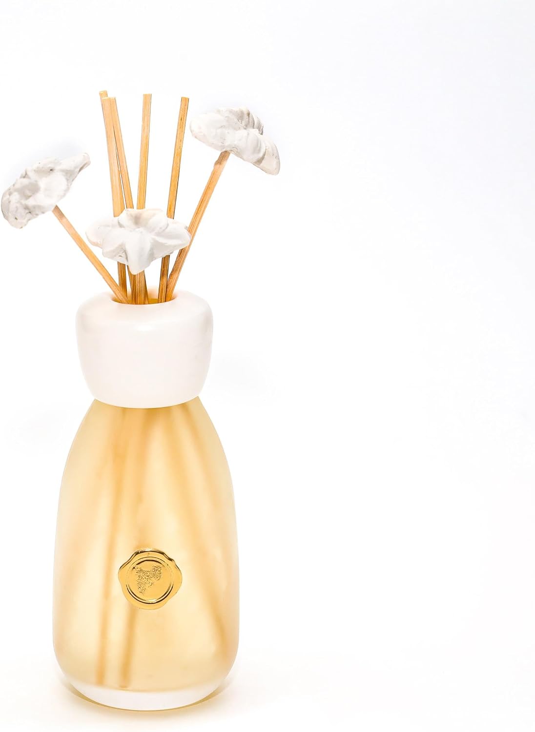 230 ml Ekru Seramik Çiçek Taş Çubuklu Beyaz Sabun Oda/Banyo Kokusu