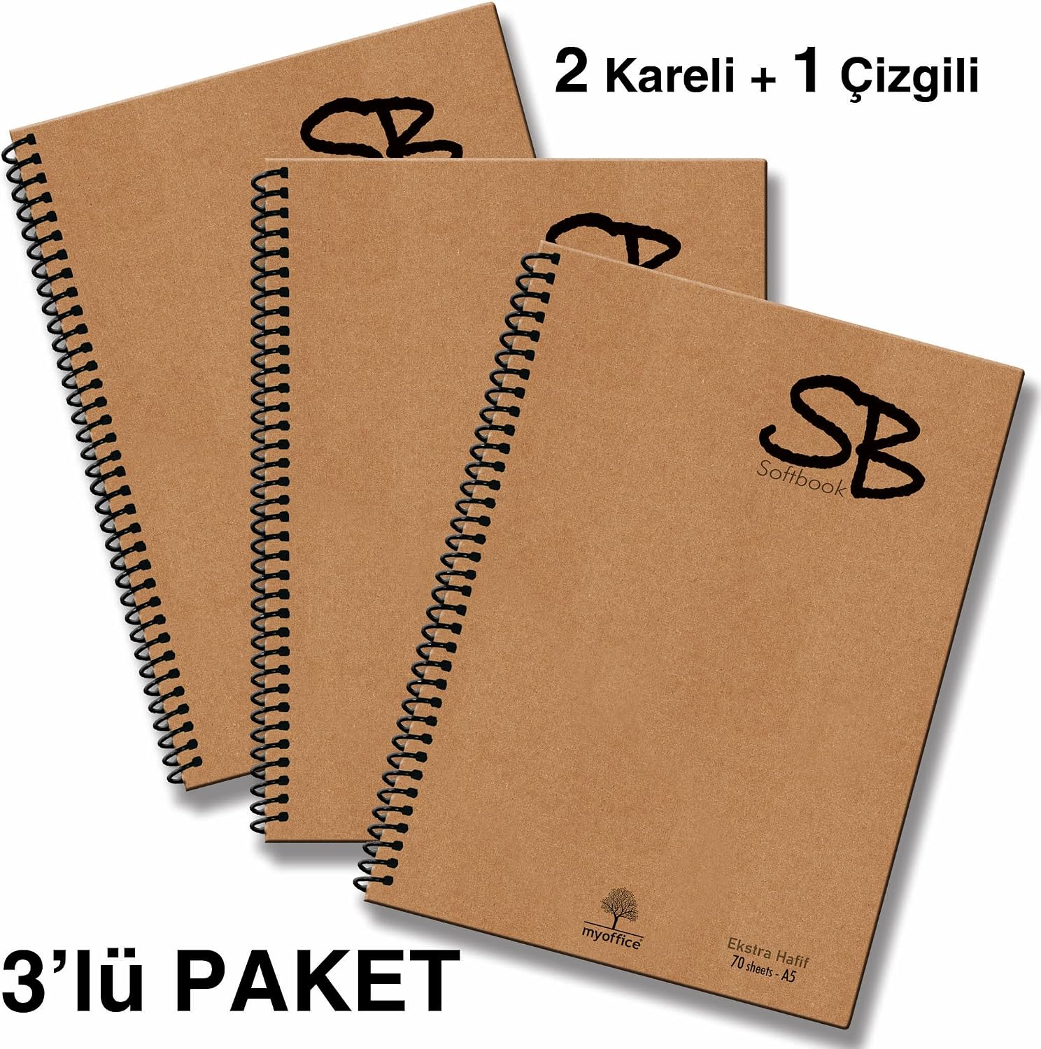 SB A5 3'lü Defter Seti (2 Kareli + 1 Çizgili) | 420 Sayfa | Kaliteli Hafif Kağıt | Kraft Kapak | Spiralli | Ofis & Okul İçin