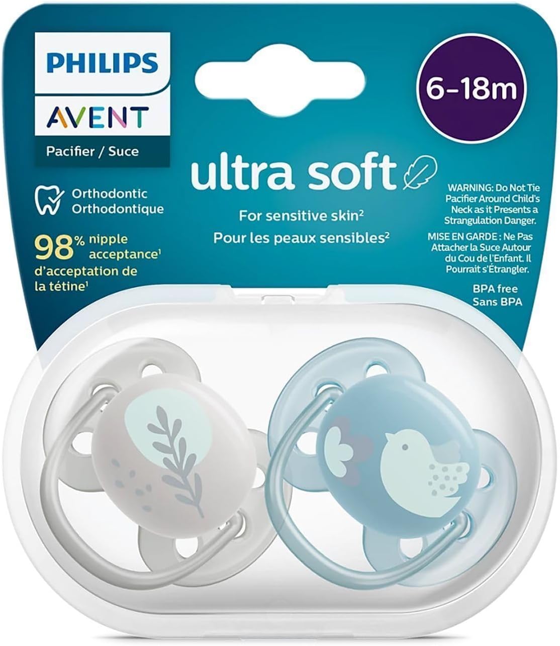 Philips Ultra Soft Emzik, Erkek Bebekler için 6-18 Ay, 2’li Paket, Ortodontik Silikon, FlexiFit Kalkanli, Ultra Yumusak, BPA Içermez, Tasima Kutulu, SCF091/15