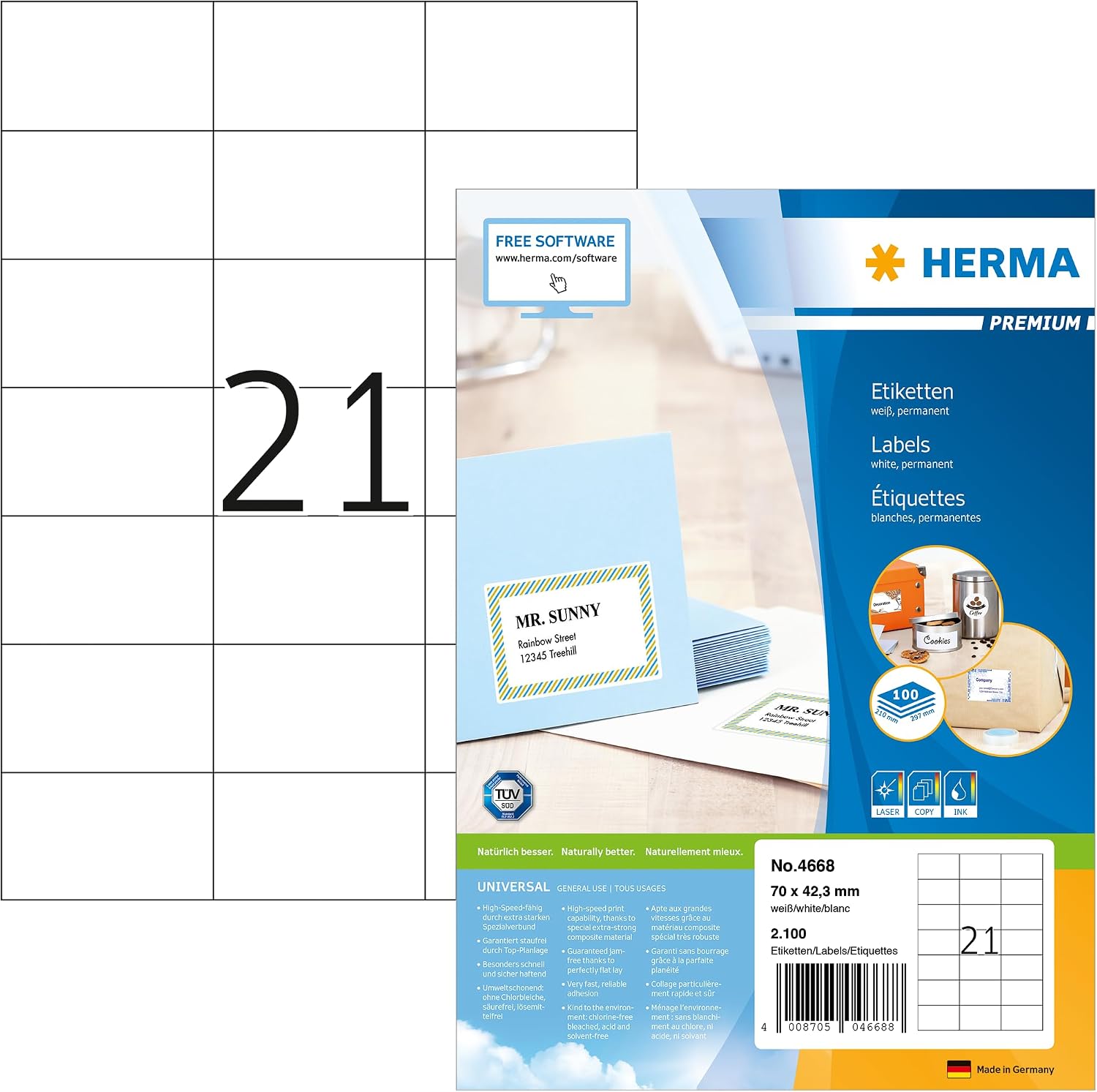 4668 Evrensel Etiket DIN A4 70 x 42,3 mm, 100 Yaprak, Kağıt, Mat Kendinden Yapışkanlı, Basılabilir, 2.100 Yapışkan Etiket, Beyaz