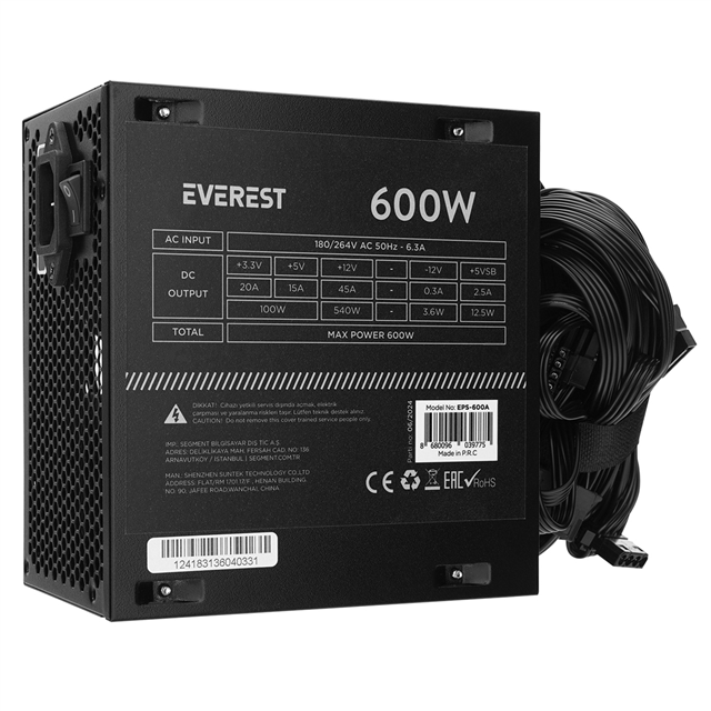 Everest EPS-600A Real 600W 4*SATA 12cm Fanlı Oyuncu PC Destekli Power Supply PSU