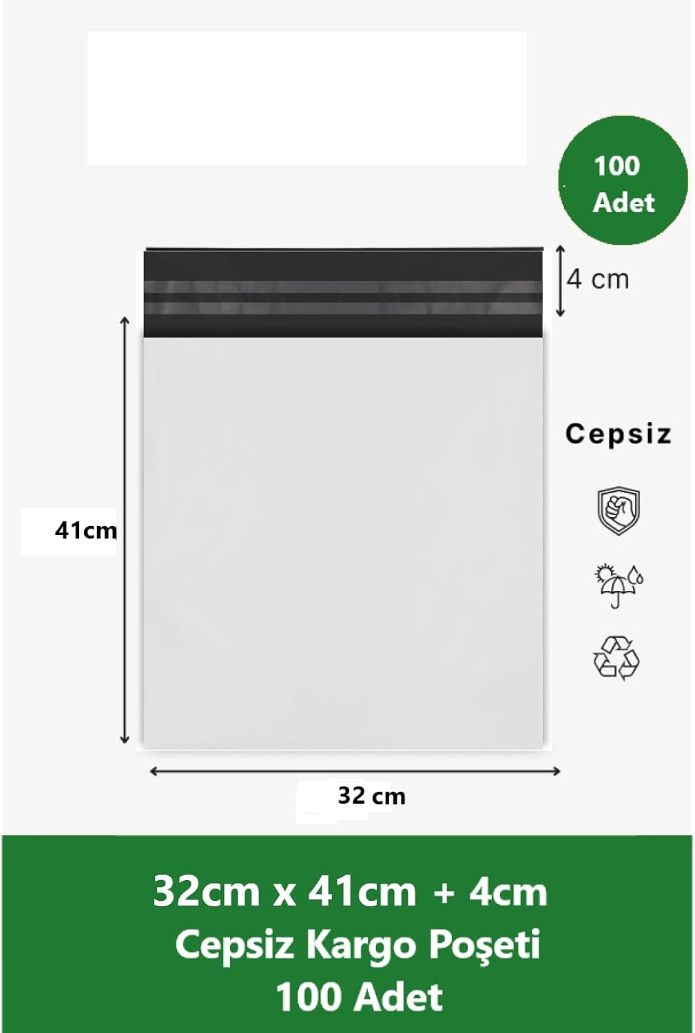 Cepsiz Kargo Poşeti | 32 x 41+4 cm | 100 Adet | Beyaz