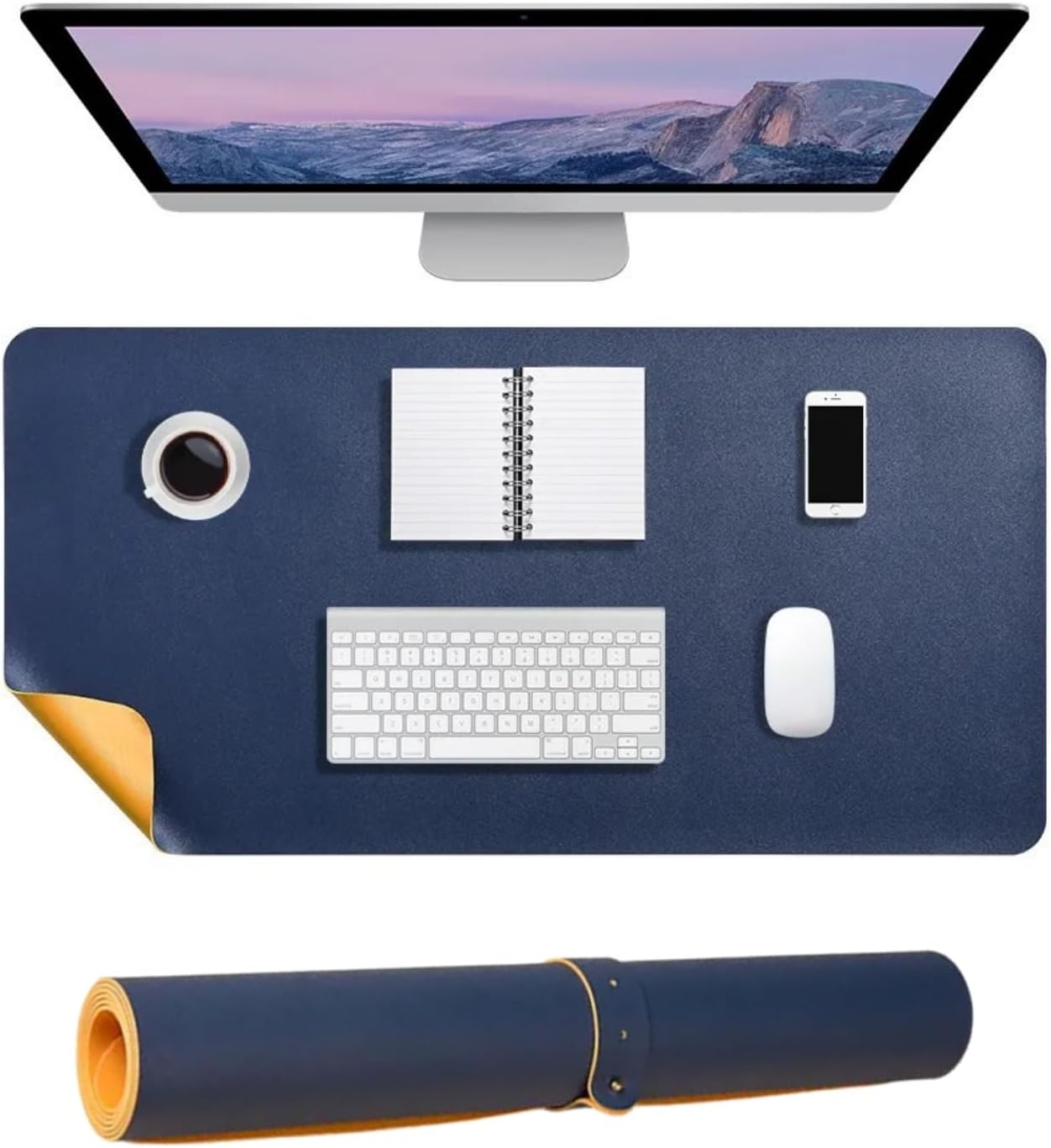 60x30 cm Lacivert Çift Taraflı Deri Desk Mat, PU Deri Masa Koruyucu ve Masa Sümeni, Suya Dayanıklı 2 mm Rulo Yapılabilir Laptop Mouse Pad, Home Office için