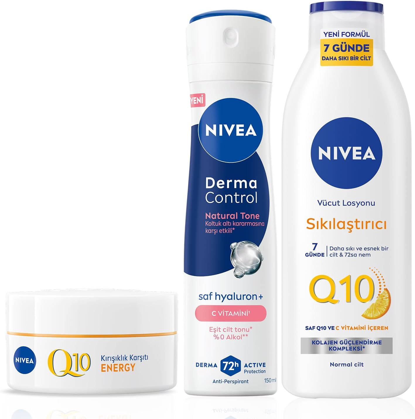 Kadın Sprey Deodorant Derma Control Natural Tone 150ml,Q10 Sıkılaştırıcı Losyon400ml ve Gündüz Kremi