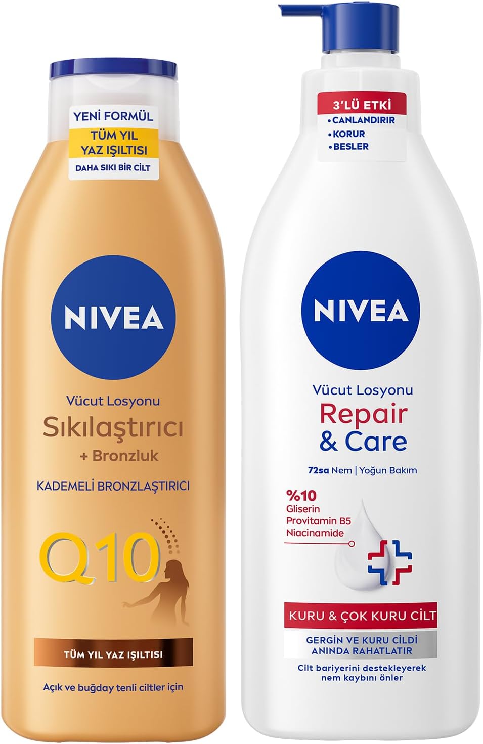 Repair&Care Nemlendirici Vücut Losyonu 400ml ve Sıkılaştırıcı Bronzluk Losyon 250ml, Kaşıntılı Cilt