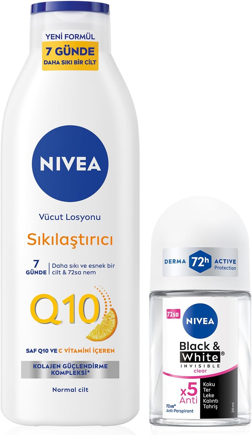 Q10 Sıkılaştırıcı Vücut Losyonu 250ml ve Kadın Roll-on Deodorant Black&White Invisible Clear 2