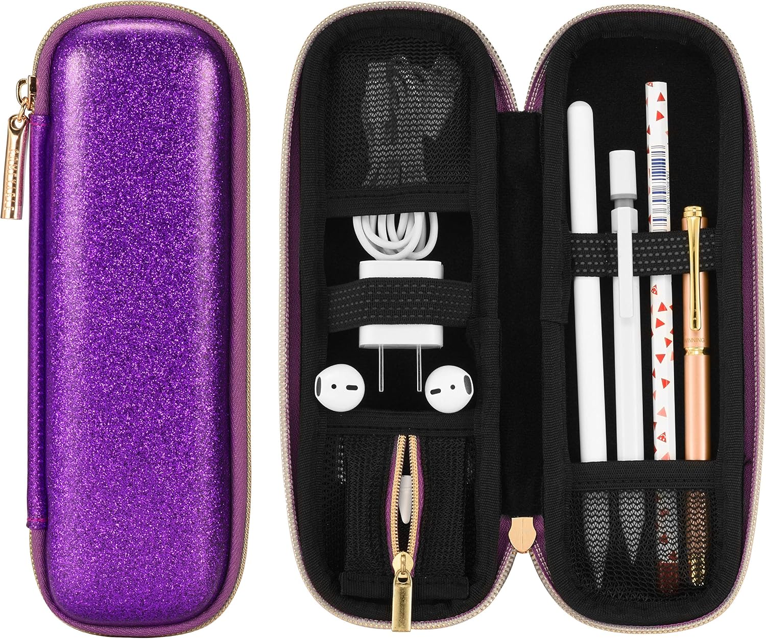 Apple Pencil için Kalem Tutucu Kalem Kutusu, Kalem Aksesuarları Elastik Kayış Kol Koruyucu Taşıma Çantası USB Kablosu AirPods File Cepli AirPods, Mor Glitter