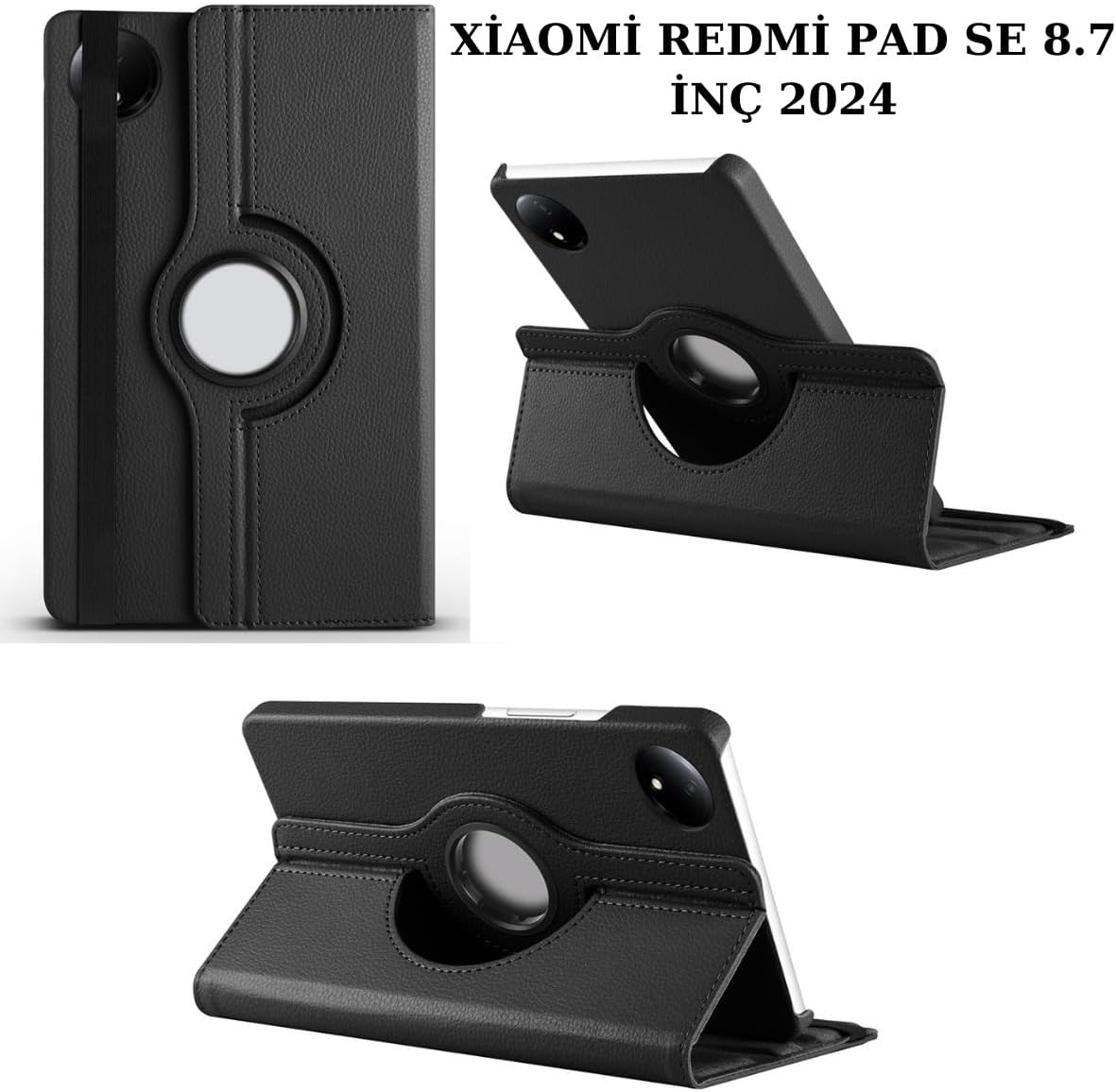 Xiaomi Redmi Pad Se 8.7 inç 2024 ile Uyumlu Tablet Kılıfı Kapaklı Standlı 360 Dönebilen Tam Koruma Kapak - Siyah