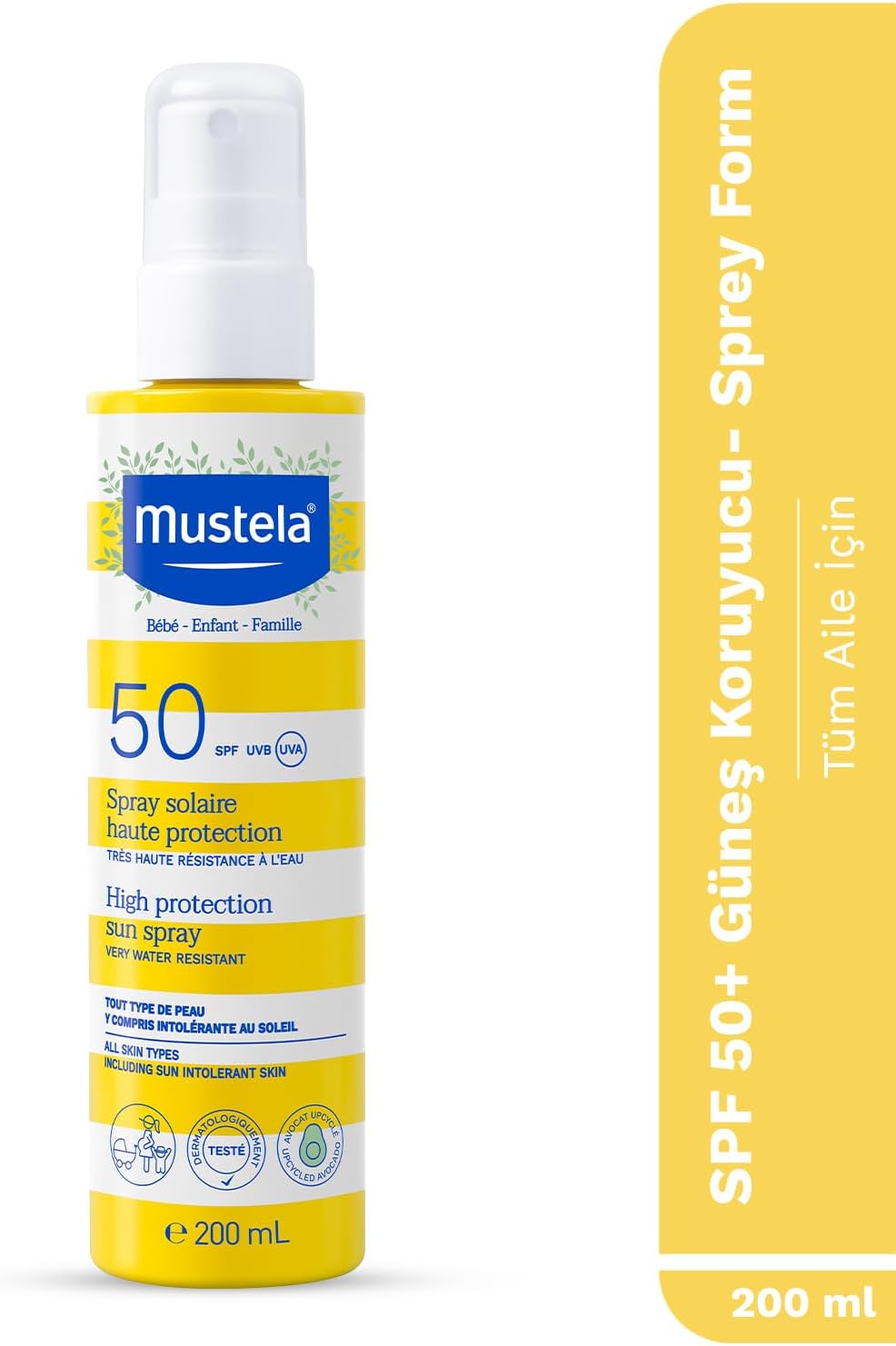 SPF 50+ Yüksek Koruma Yüz Vücut Güneş Sprey Suya Dayanıklı Tüm Ciltler ve Aile İçin 200 Ml