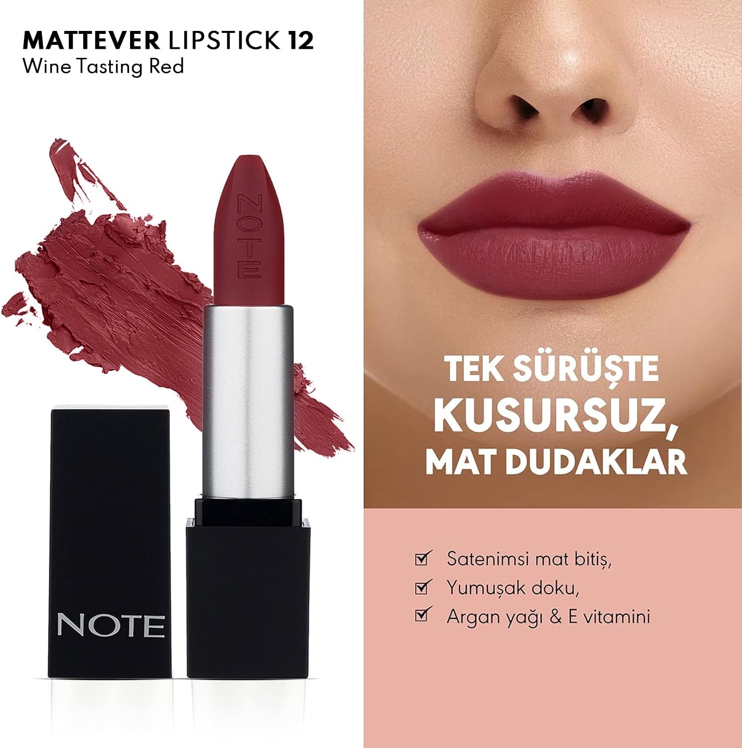 Cosmetics Mattever Lipstick 12 Wine Tasting Red Yarı Mat Saten Bitişli Ruj