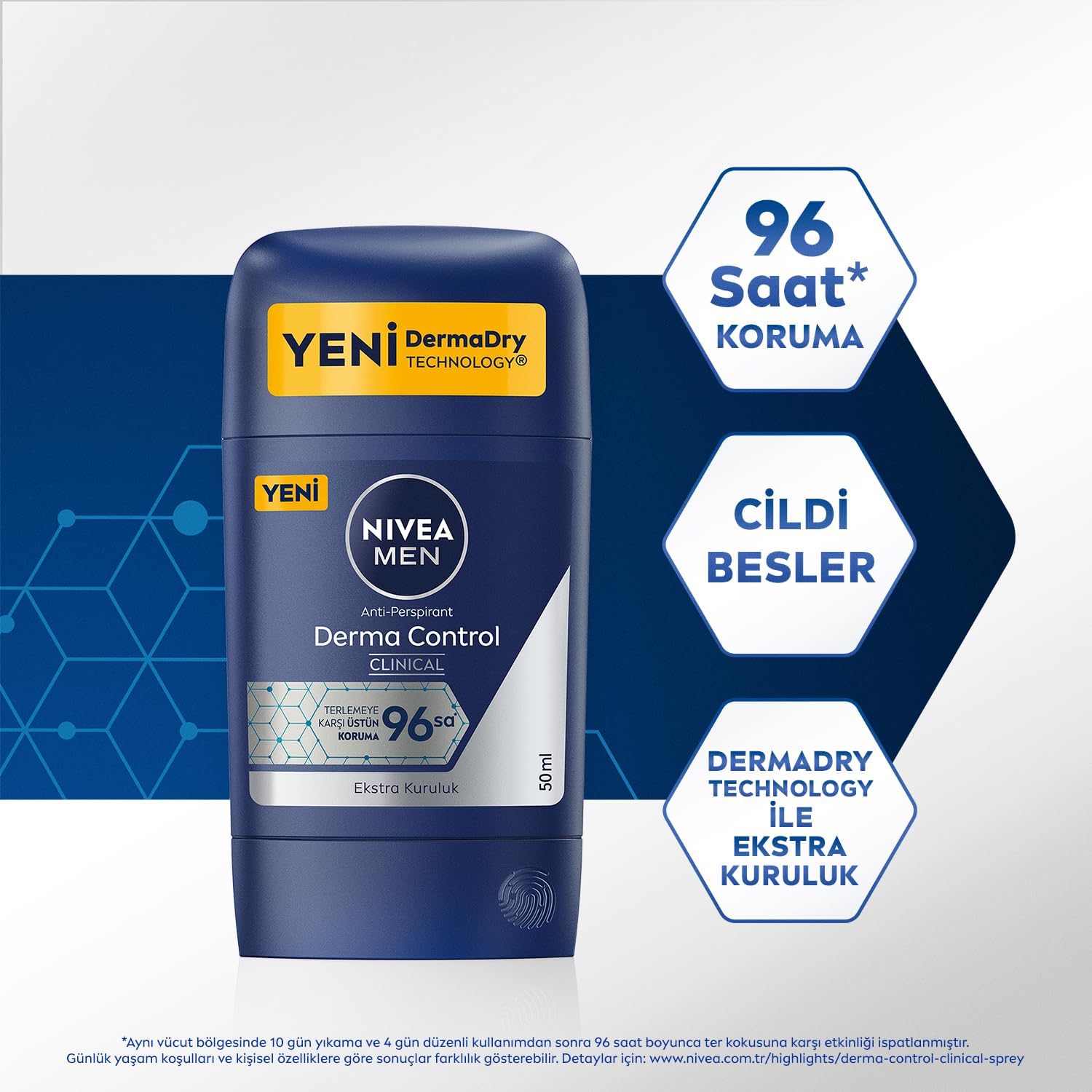 Men Erkek Stick Deodorant Derma Control Clinical 50 ml, 96 Saat Üstün Koruma