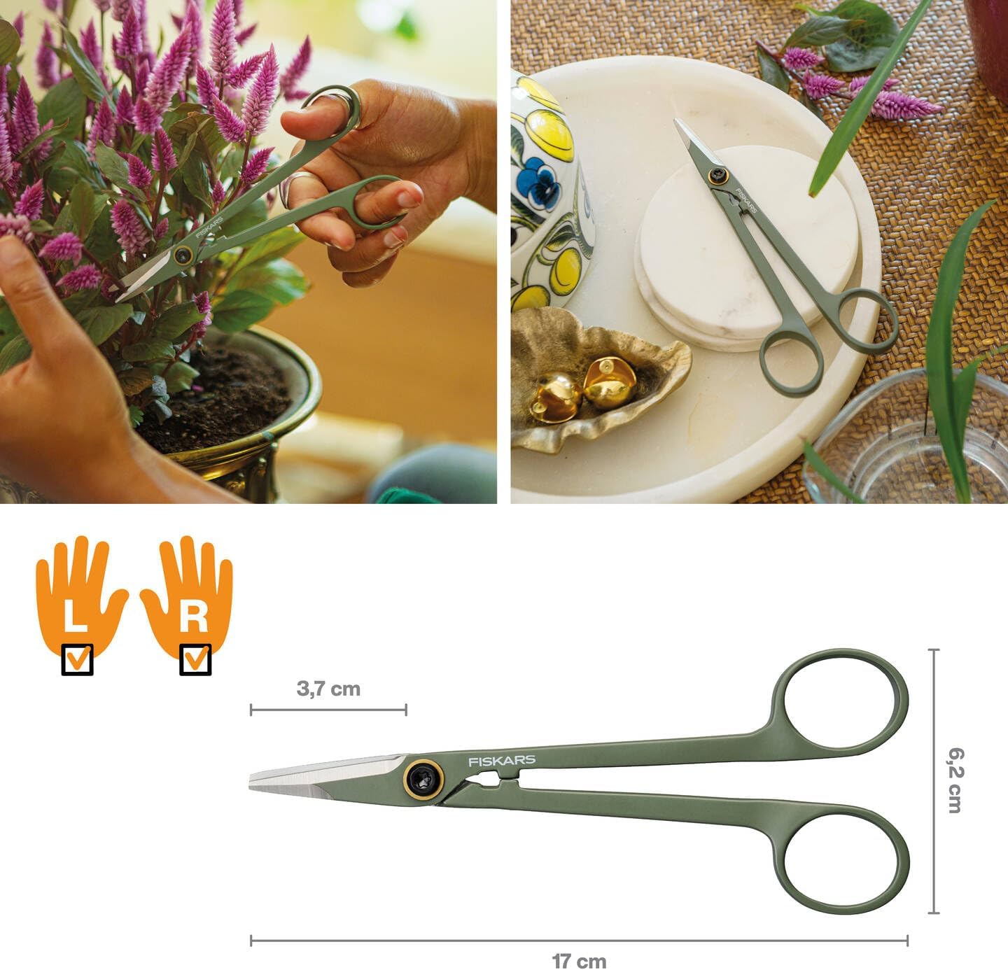 Urban Plant Care, tutuculu küçük bitki makası, oda bitkilerinde ince kesimler için, toplam uzunluk 17 cm, paslanmaz çelik/plastik, koyu yeşil/siyah, 1075315
